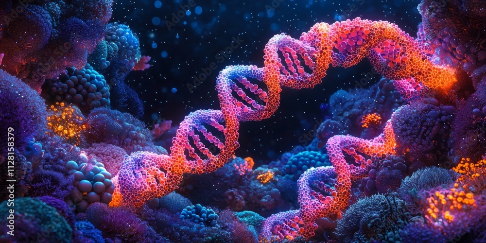 Fototapeta premium Glowing DNA Helix in Vibrant Deep Sea Coral Reef