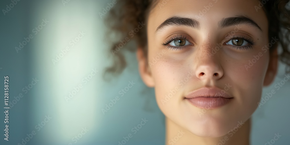 Naklejka premium An intimate close-up of a beautiful woman with a captivating gaze, showcasing her natural charm and authenticity, against a soft-focus background for an artistic effect.