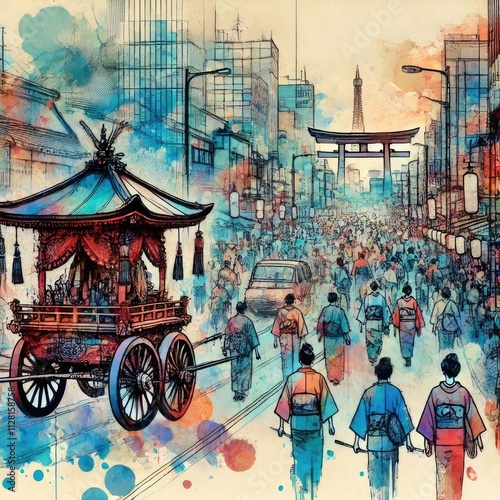 Traditional Japanese Festival Parade in Vibrant Abstract Watercolor Style with Generative AI.