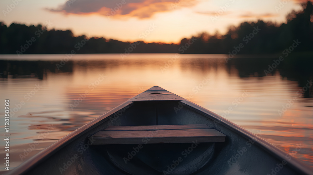 Peaceful sunset over a calm lake with a boat on the water, reflecting the orange sky and soft clouds, capturing the serene beauty of nature at dusk Peaceful sunset over a calm lake with a boat on the water, reflecting the orange sky and soft clouds, capturing the serene beauty of nature at dusk