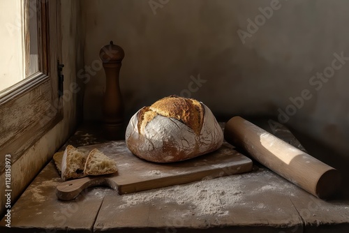 A rustic European kitchen with a loaf of freshly baked artisan bread made from wheat flour, placed on a wooden board with a scattering of flour and a rolling pin nearby.