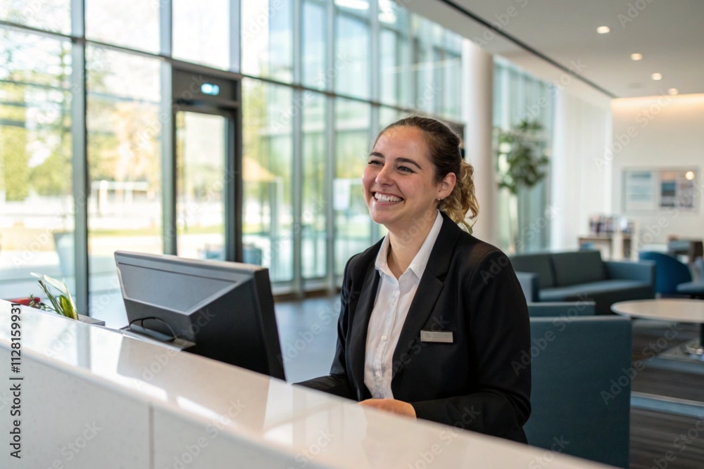 Smiling receptionist welcoming visitors at a modern company lobby Smiling receptionist welcoming visitors at a modern company lobby