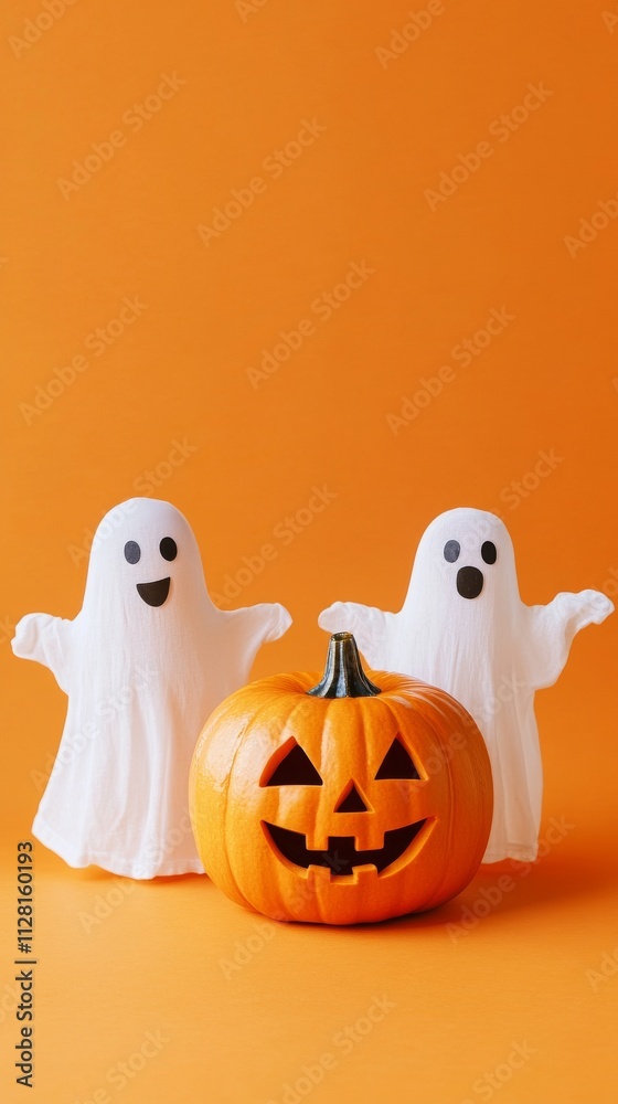 3D rendering Halloween ghosts with funny pumpkins on an orange background. Happy halloween holiday concept 3D rendering Halloween ghosts with funny pumpkins on an orange background. Happy halloween holiday concept