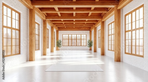 Bright, Modern Loft Interior with Wooden Beams and Large Windows