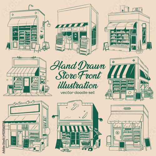 Hand drawn vector grocery store front illustration.