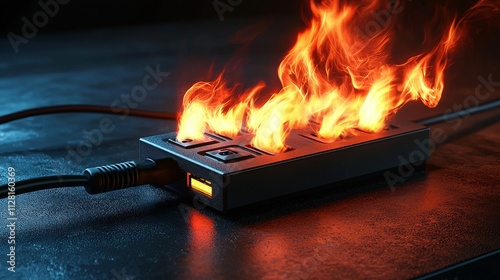 A close-up of a power strip engulfed in flames, illustrating electrical hazards and the importance of safety in technology use.