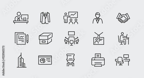 Office icons. Set of 15 office trendy minimal icons. Example: desk, suit, presentation, office chair, computer icon. Design signs for web page, mobile app, packaging design. Vector illustration.