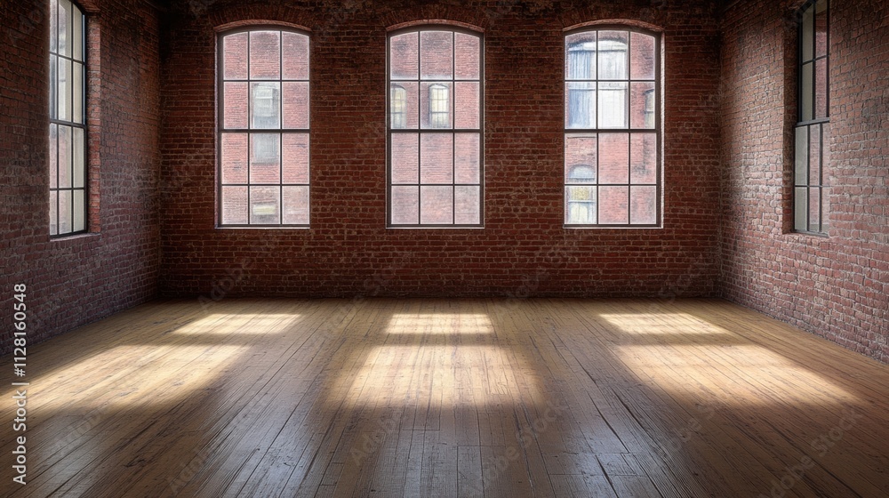 Empty Loft Room with Brick Walls and Wooden Floor Empty Loft Room with Brick Walls and Wooden Floor