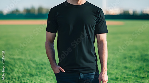 a man wearing a black color bella canvas mockup t-shirt