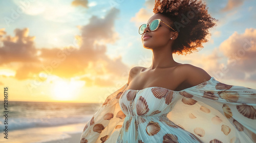 Wallpaper Mural A young Black woman in a flowing summer dress with shell-patterned fabric, sunglasses, and a serene sandy beach in the warm background light. Torontodigital.ca