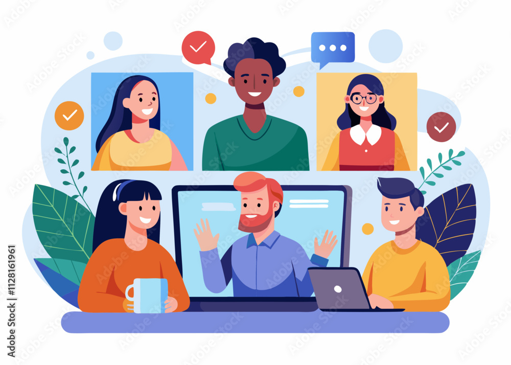 Illustration of a Virtual Team Meeting with Diverse Participants Illustration of a Virtual Team Meeting with Diverse Participants