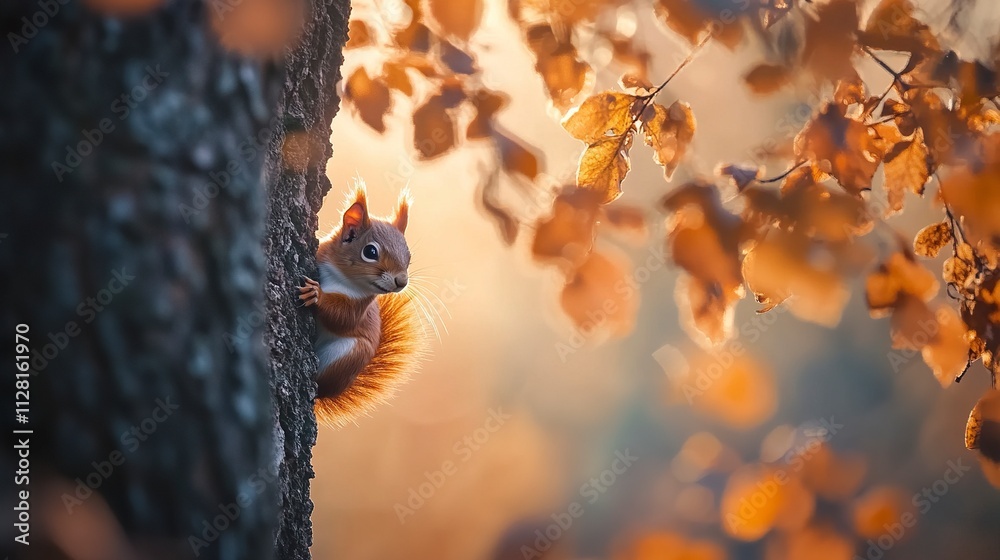 The Eurasian red squirrel (Sciurus vulgaris) looking from behind a tree. Beautiful autumn colors, delicate background. Shallow depth of field. The Eurasian red squirrel (Sciurus vulgaris) looking from behind a tree. Beautiful autumn colors, delicate background. Shallow depth of field.