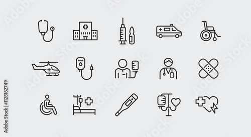 Medical icons. Set of 15 medical and healthcare trendy minimal icons including stethoscope, ambulance, IV drip, heart with EKG line, syringe, pills, and more. Vector illustration