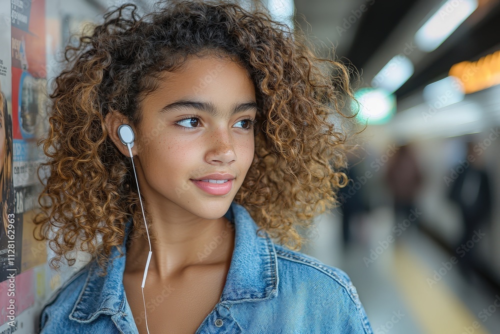 Young woman with curly hair enjoying music in urban subway station Young woman with curly hair enjoying music in urban subway station