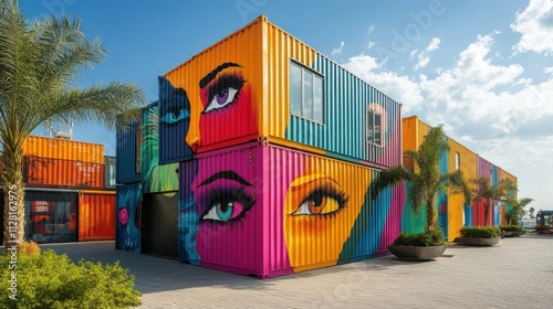 Colorful container art showcases vibrant urban creativity in a sunny waterfront location photo