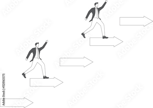 Achievement of personal professional or business goals and accomplishments, ladder of success, progress or improvement, businessman running along an upward arrow