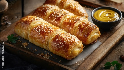 Flaky Pastries with Sesame Toppings Served with Mustard Dip on Wooden Tray