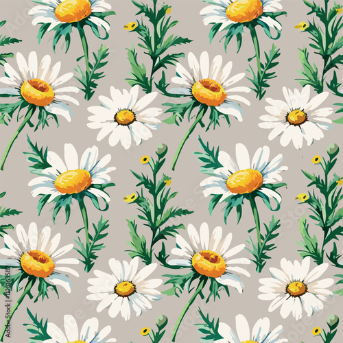 Seamless pattern with camomiles. White daisy pattern with green leaves against beige background, suitable for wrapping paper, fabric design, and cheerful spring decor.