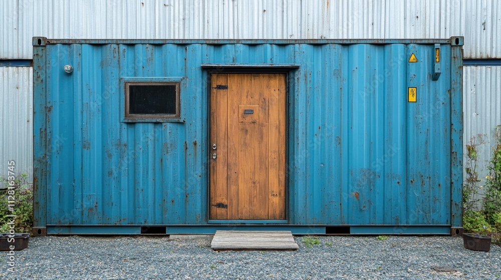 Rustic blue shipping container transformed into a cozy dwelling with wooden accents and surrounding greenery Rustic blue shipping container transformed into a cozy dwelling with wooden accents and surrounding greenery