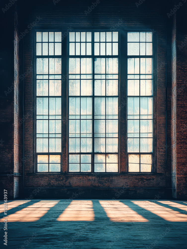 Large industrial window casting shadows on a floor during sunset in an empty room Large industrial window casting shadows on a floor during sunset in an empty room