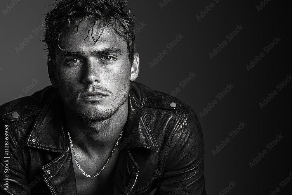 Fototapeta premium Intense portrait of a young man in leather jacket with moody lighting