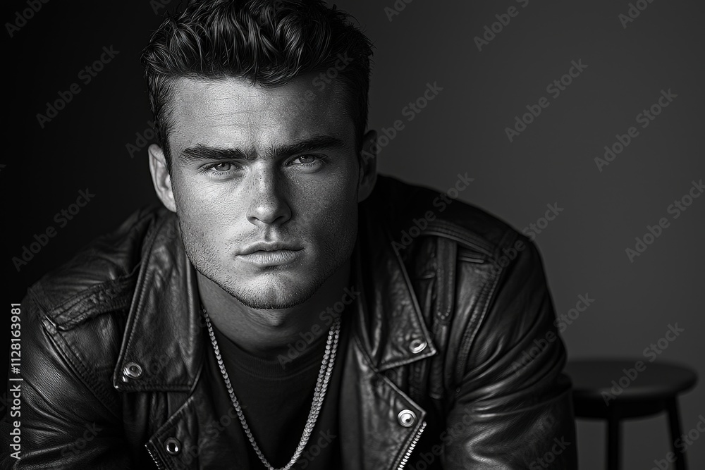 Moody black and white portrait of a confident man in leather jacket Moody black and white portrait of a confident man in leather jacket