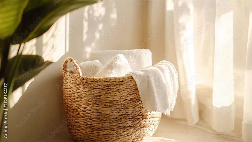 Fototapeta premium Aesthetic wicker basket with towels in serene sunlight