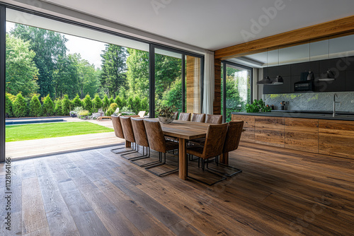 Elegant modern dining area with large windows overlooking lush outdoor scenery