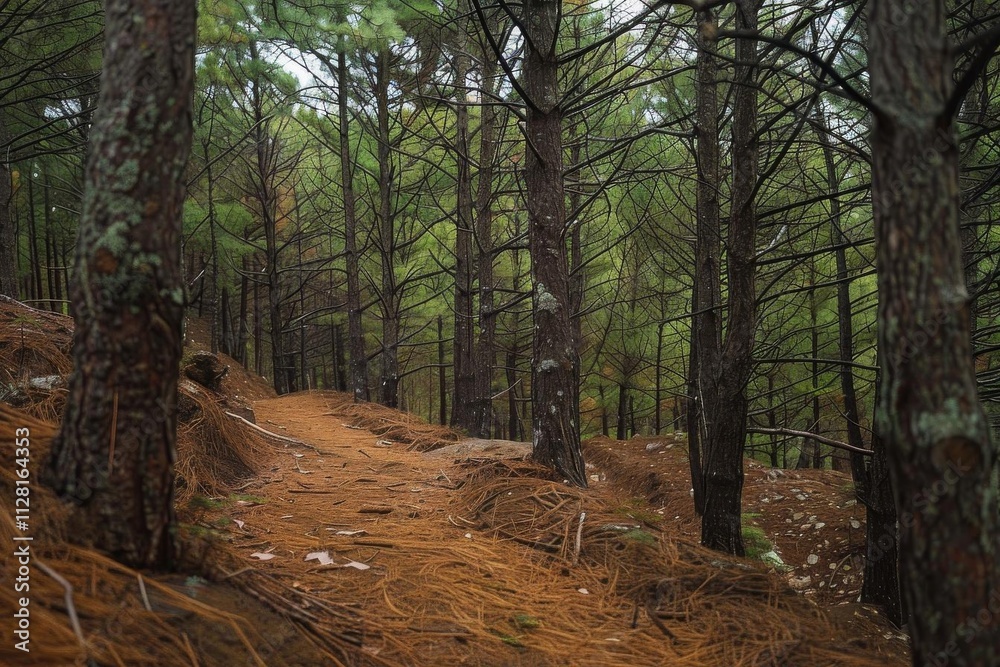 Fototapeta premium Forest Trail, Pine Needles, Woodland Path, Nature Walk, Trees, Hiking, Coniferous Forest, Scenery, Outdoor Recreation, Woods