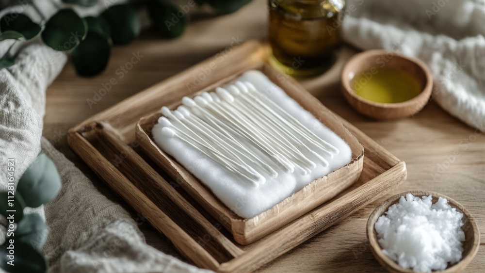 Cotton swabs and essential oils on a wooden tray with eucalyptus leaves Cotton swabs and essential oils on a wooden tray with eucalyptus leaves