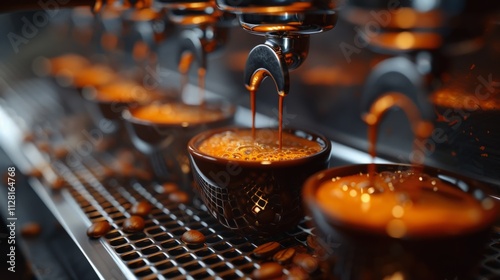 Wallpaper Mural Close-Up of Espresso Flowing from Professional Coffee Machine with Warm Lighting and Fresh Coffee Beans on Stainless Steel Drip Trayespresso Torontodigital.ca