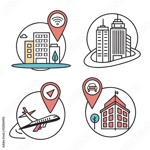 Travel and Navigation Icon Set with Airplane and Location Markers