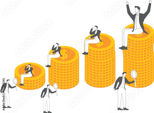 Employee performance marketing totals appraisal and review, Best Employee Competition, Employee Competition and Improvement, four managers with magnifying glasses reviewing the total annual earnings o