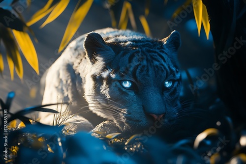 A mystical white tiger with glowing eyes, camouflaged among lush foliage. photo