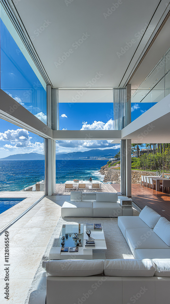 Fototapeta premium Modern beachside living room with stunning ocean view and natural light