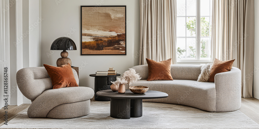 Modern living room design featuring unique furniture and warm color accents Modern living room design featuring unique furniture and warm color accents