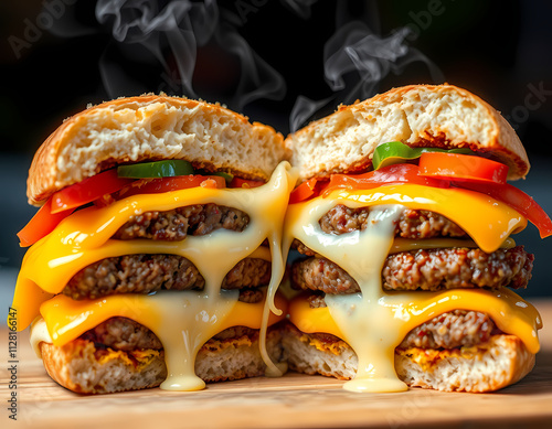 Juicy triple cheeseburger with melted cheese and steaming buns. photo