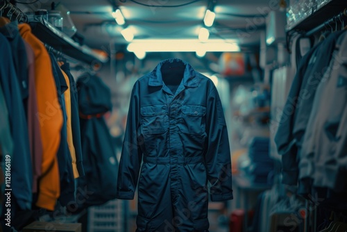 A hanging work suit in a well-lit clothing store aisle during evening hours