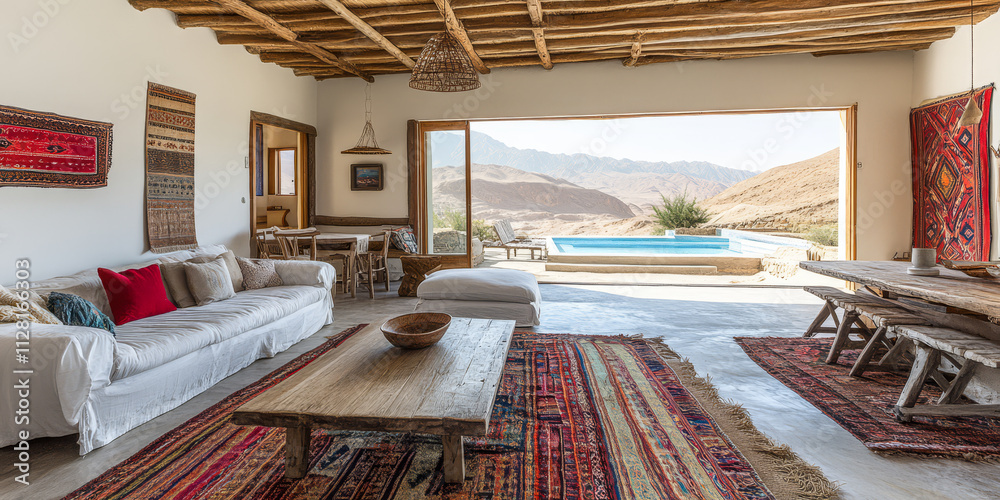 Cozy interior of a modern desert villa with a view of the natural landscape Cozy interior of a modern desert villa with a view of the natural landscape