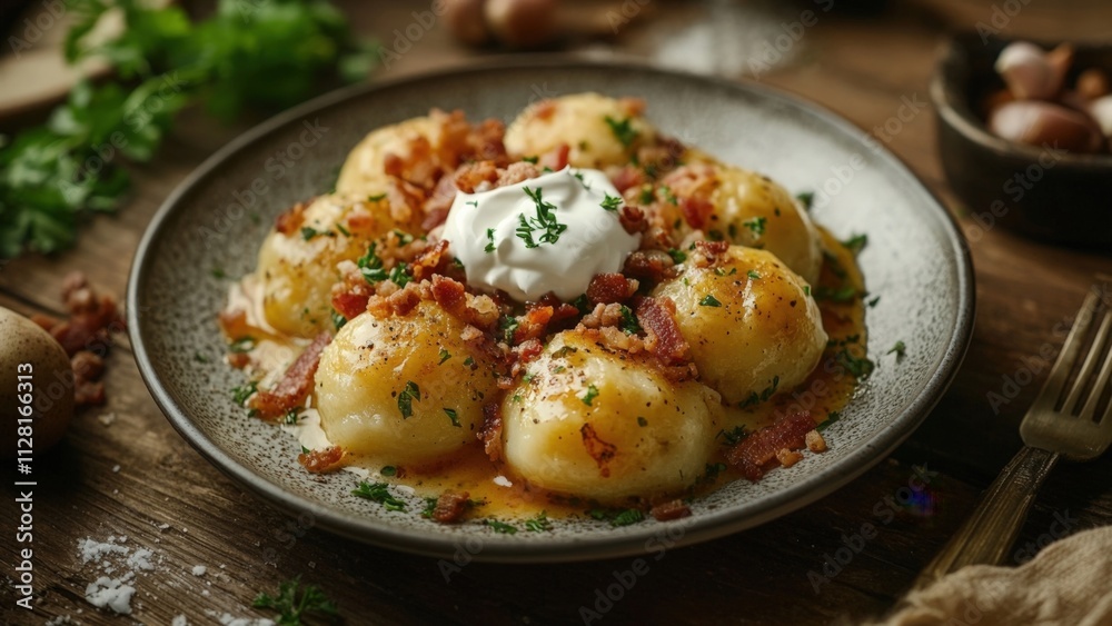 Plate of traditional dumplings with bacon and sour cream garnish Plate of traditional dumplings with bacon and sour cream garnish