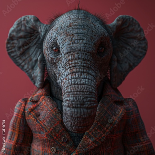 Surreal Elephant Creature Dressed in Stylish Plaid Coat Against Warm Red Background Examining Anthropomorphic Fashion Concept ArtistryAnthropomorphic