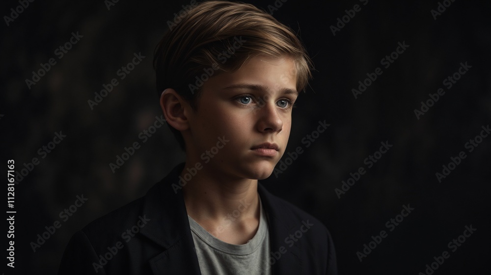 A sad boy with black background A sad boy with black background