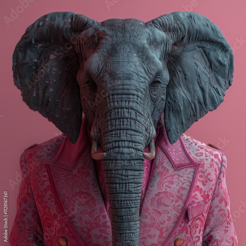 Surreal Portrait of Elephant in Ornate Pink Suit Blending Animal and Fashion in Creative Digital Art on Solid Backgroundelephant