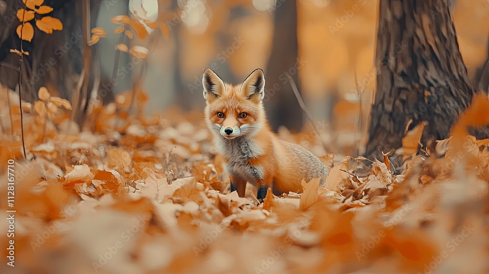 Cute Red Fox, Vulpes vulpes in fall forest. Beautiful animal in habitat. Wildlife scene from the wild nature. Cute animal in habitat. Autumn nature. Orange autumn leaves. Cute Red Fox, Vulpes vulpes in fall forest. Beautiful animal in habitat. Wildlife scene from the wild nature. Cute animal in habitat. Autumn nature. Orange autumn leaves.