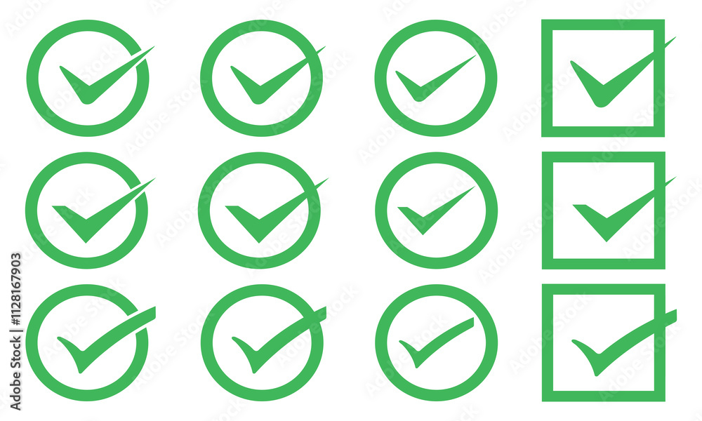Checkmark icon set. Tick symbol in green color. Check mark vector icon. Checkmark Illustration. Vector symbols set ,green checkmark isolated on white background. Checkmark icon set. Tick symbol in green color. Check mark vector icon. Checkmark Illustration. Vector symbols set ,green checkmark isolated on white background.