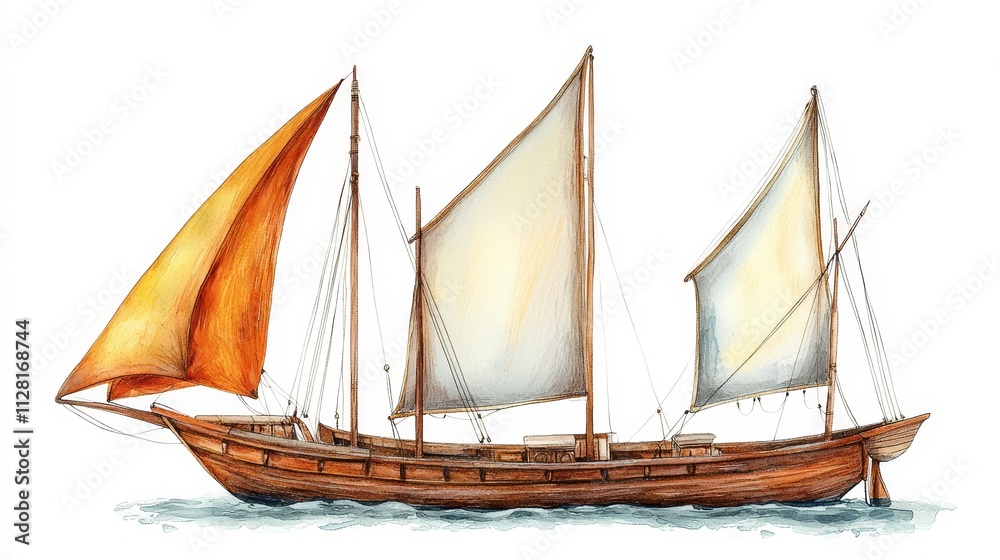 Obraz premium A beautifully illustrated traditional sailboat with white and orange sails, reflecting the serene waters and nautical heritage.
