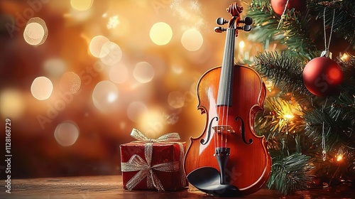 A beautiful violin next to a gift box under a Christmas tree, surrounded by festive lights and a warm, joyful atmosphere.