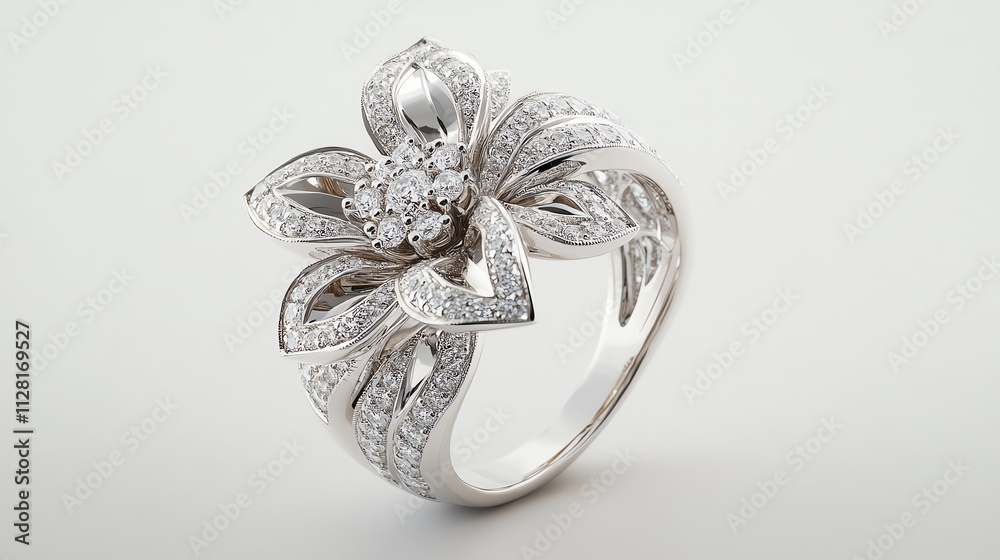 Elegant silver flower ring with sparkling diamonds.