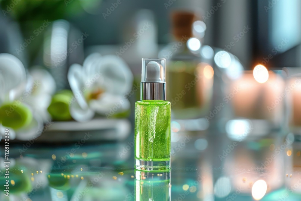 Green serum bottle with a dropper surrounded by candles and flowers in a serene, softly lit spa setting