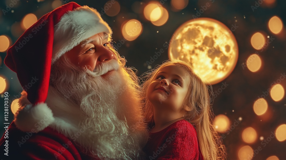 Merry Christmas Santa Claus Joyfully Interacting with a Delighted Child under a Bright Winter Full Moon, Capturing the Festive Spirit and Joyous Moments. Merry Christmas Santa Claus Joyfully Interacting with a Delighted Child under a Bright Winter Full Moon, Capturing the Festive Spirit and Joyous Moments.